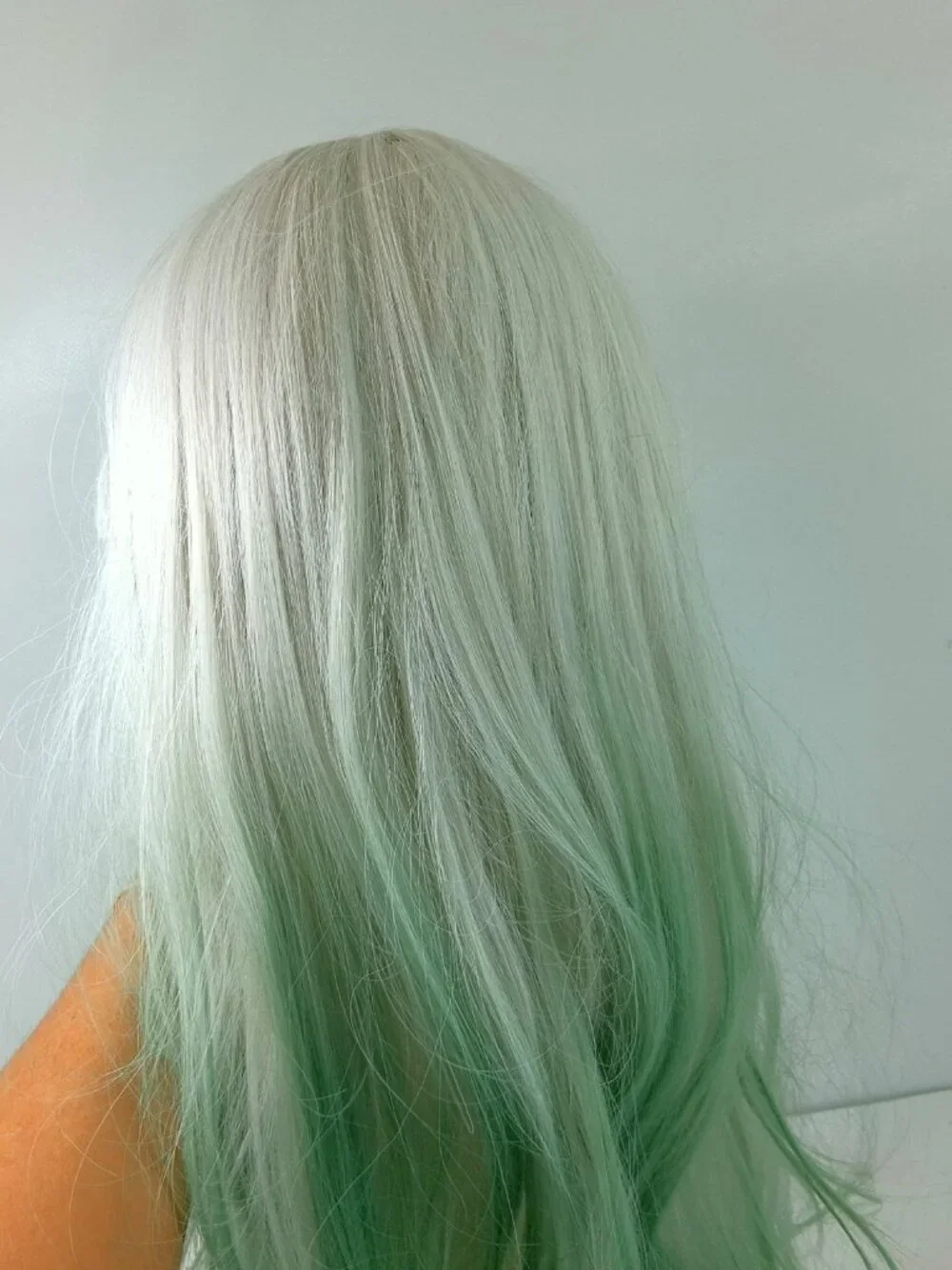 Long Layered Wig White Blond Gradient Pastel Green